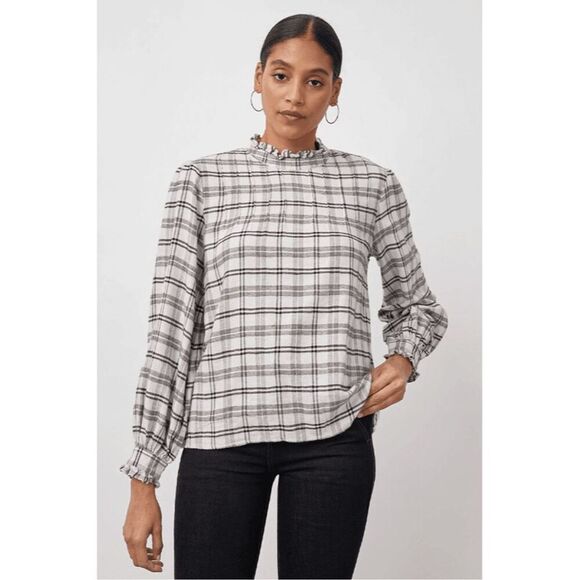 Rails Women's Plaid Ruffle Neck Blouse Ivory Onyx Size M Long Sleeve - Picture 3 of 8